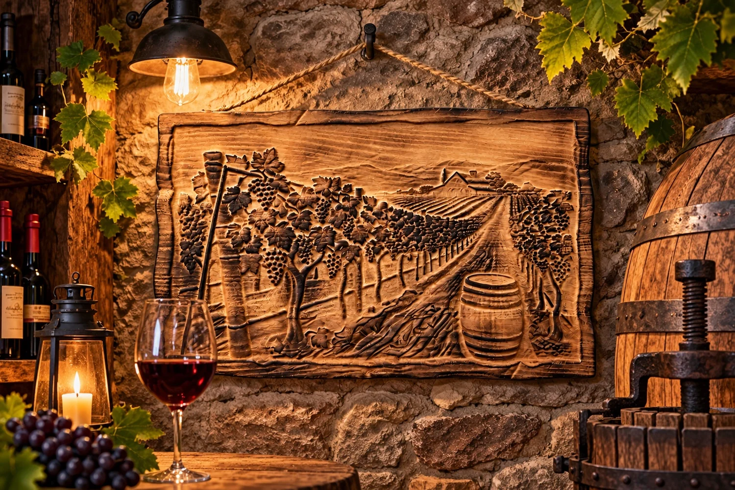 3D leseni relief vinograda v vinski kleti